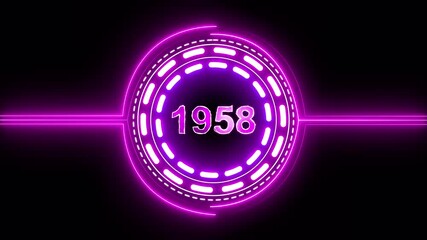 1958 text with screen effects of technological failures. Concept of counting years. Past year technology concept on black background.