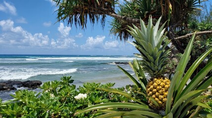 Ocean view with pineapple and tropical plants.