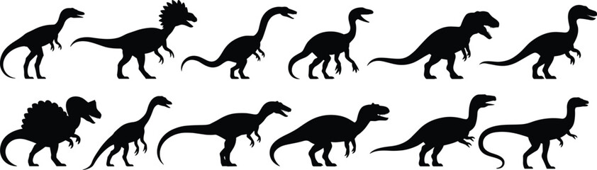 Dinosaur silhouette vector collection, prehistoric creature icon set, black wildlife illustration design, species identification artwork pack, extinct animal graphic