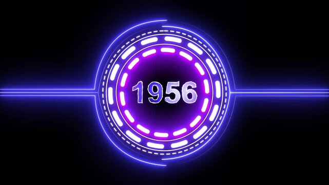 1956 text with screen effects of technological failures. Concept of counting years. Past year technology concept on black background.