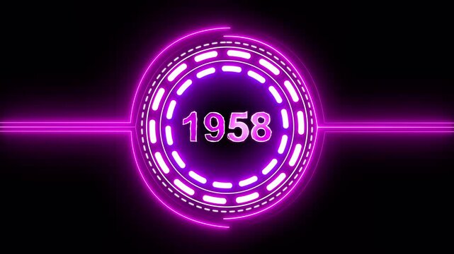 1958 text with screen effects of technological failures. Concept of counting years. Past year technology concept on black background.
