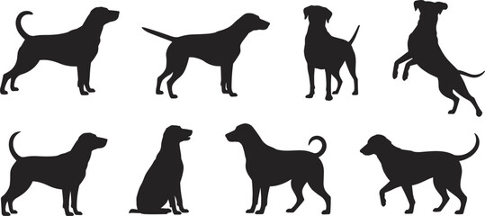 Dog silhouette vector collection, pet animal graphic design, black artwork set, sitting, walking, playful poses, breed icon pack, canine illustration