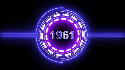 1961 text with screen effects of technological failures. Concept of counting years. Past year technology concept on black background.