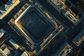 Aerial view showcases the Pentagon's unique architectural design in Washington D.C, Aerial establishing shot of the Pentagon in Washington, DC