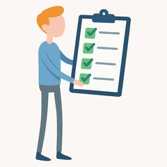 Flat Illustration of Man Holding Clipboard with Checkmarks for Task Management