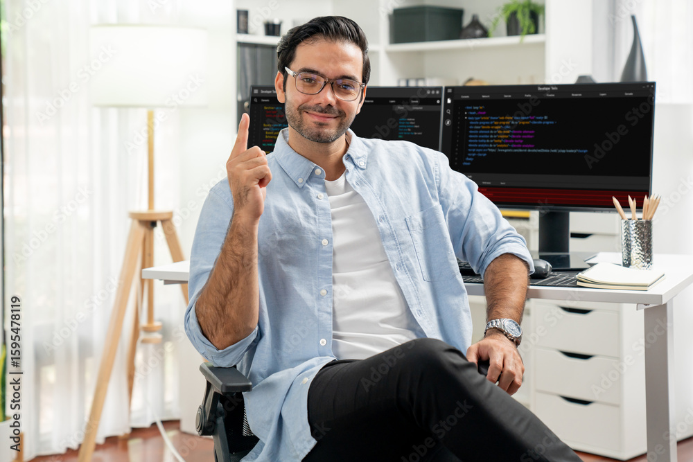 Poster profile's smart it developer looking camera to pose wearing glasses against on software development 