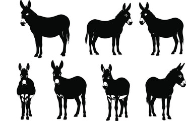 Donkey silhouettes in various poses, farm animal illustration, black vector graphic for agriculture, livestock, veterinary, and educational design