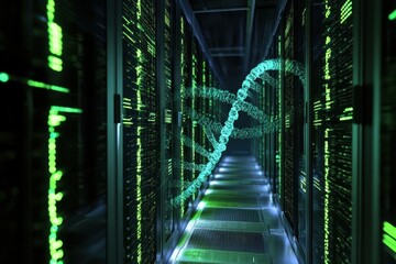 DNA strands intertwining with data processing in a server room highlighting modern technology and biology, dna strands and data processing over server room