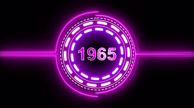 1965 text with screen effects of technological failures. Concept of counting years. Past year technology concept on black background.