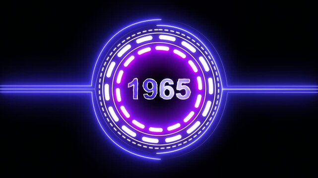 1965 text with screen effects of technological failures. Concept of counting years. Past year technology concept on black background.