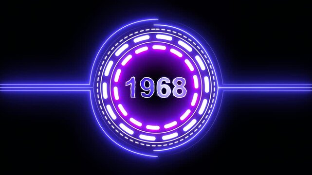 1968 text with screen effects of technological failures. Concept of counting years. Past year technology concept on black background.