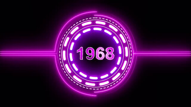 1968 text with screen effects of technological failures. Concept of counting years. Past year technology concept on black background.