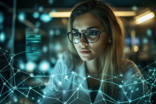 Network connections explored by thoughtful female scientist in a modern laboratory setup, network of connections over caucasian female scientist working in lab