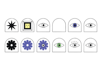 Collection of Iconic Eyes, Flowers, and Shapes in Minimal Design