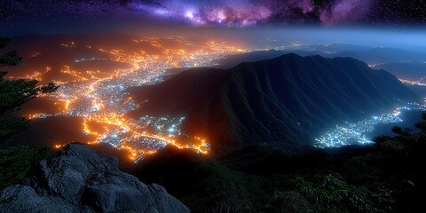 Fototapeta premium A captivating night scene showcases a city aglow beneath a star-filled sky and dark mountains.