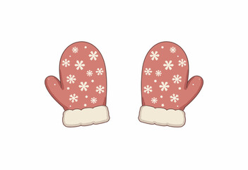 Cute pink mittens with white snowflakes on white background  
