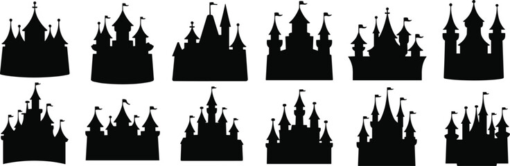 Fantasy castle silhouette vector collection, medieval tower icon pack, fairytale building graphic set, storybook architecture artwork, black design bundle