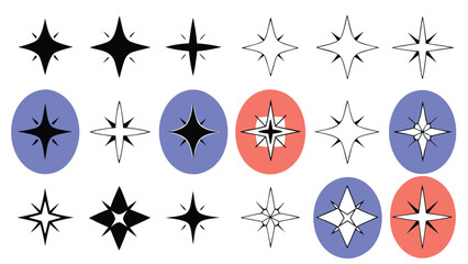 Collection of Star and Sparkle Icons with Colorful Backgrounds
