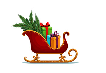 Naklejka premium Red sleigh with presents and evergreen branches on white background 