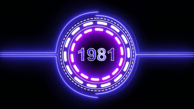 1981 text with screen effects of technological failures. Concept of counting years. Past year technology concept on black background.
