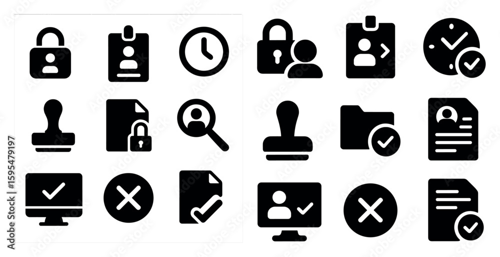 Poster set of icons for a computer program. the icons include a clock, a key, a person, a computer monitor,