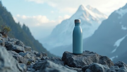 Thermos bottle mockup on mountain rock. Blue reusable container for hiking, adventure travel. Healthy lifestyle, outdoor hydration, nature exploration, relaxation, freedom in wilderness.