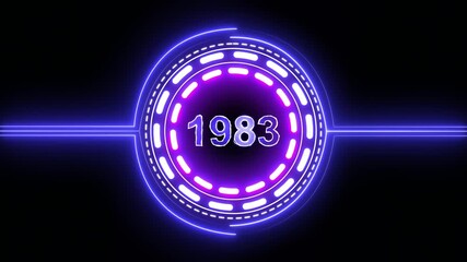 1983 text with screen effects of technological failures. Concept of counting years. Past year technology concept on black background.