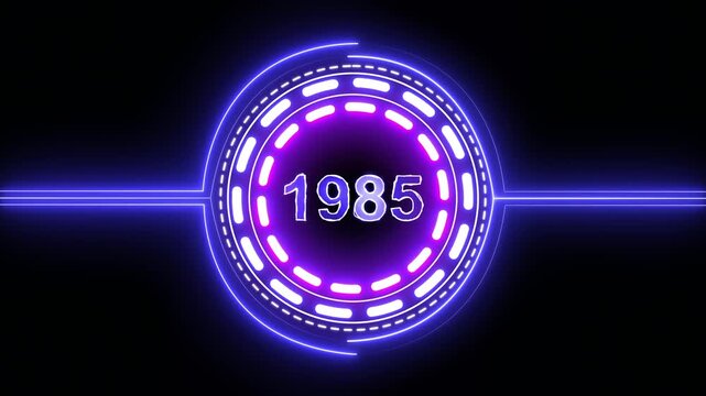 1985 text with screen effects of technological failures. Concept of counting years. Past year technology concept on black background.