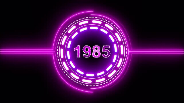 1985 text with screen effects of technological failures. Concept of counting years. Past year technology concept on black background.