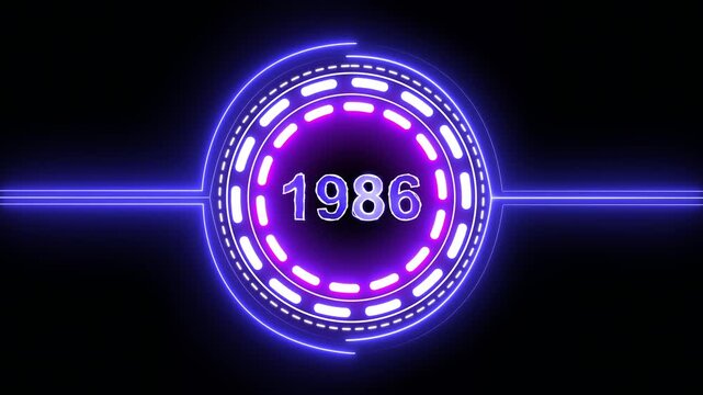 1986 text with screen effects of technological failures. Concept of counting years. Past year technology concept on black background.