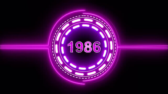 1986 text with screen effects of technological failures. Concept of counting years. Past year technology concept on black background.