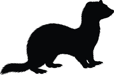 Ferret standing silhouette illustration, black vector animal design for wildlife, nature, pet theme, educational artwork, stock graphic content