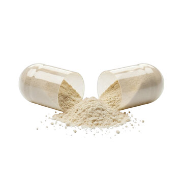 Open capsule with powdered medicine spilling, showcasing pharmaceutical quality on transparent background