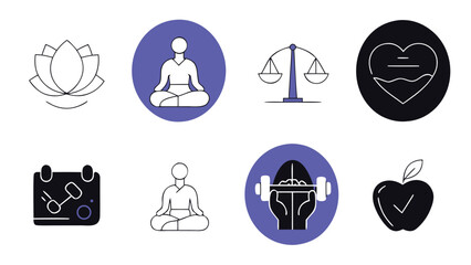 Wellness and Health Icons for Mindfulness, Fitness, and Balance