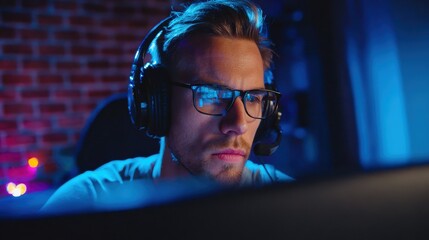 technology, gaming, entertainment, let's play and people concept - young man in headset and glasses with pc computer playing game at home and streaming playthrough or walkthrough video, no logos, no 