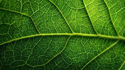 Obraz premium Macro close-up of a vibrant green leaf showing intricate details and textures of its veins.