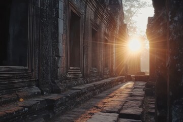 Fototapeta premium Sunrise casts golden light on the ancient ruins of Angkor as shadows dance along stone pathways, Time Lapse of the sun rising from behind the Angkor Wat temple in Cambodia
