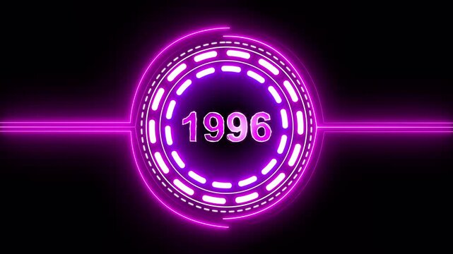 1996 text with screen effects of technological failures. Concept of counting years. Past year technology concept on black background.