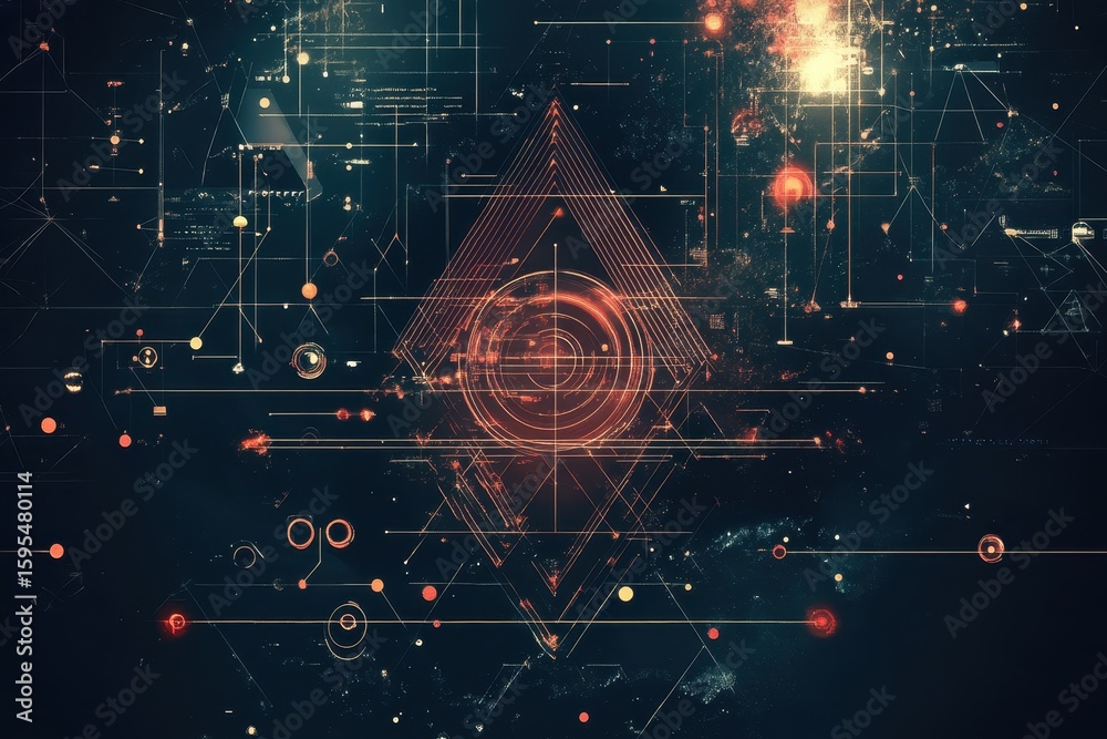 Poster abstract geometric patterns and symbols create a captivating visual experience on a dark background,
