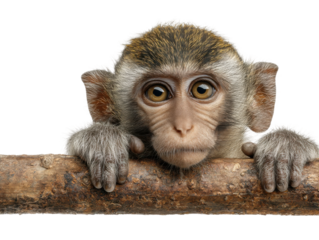 Curious monkey observing from branch jungle animal portrait close-up. Isolated on transparent background, png.