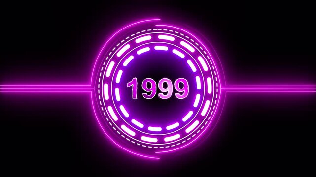1999 text with screen effects of technological failures. Concept of counting years. Past year technology concept on black background.