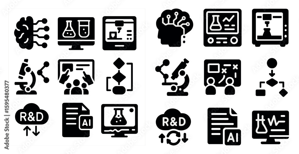 Poster variety of icons related to science and technology. the icons include a computer monitor, a keyboard