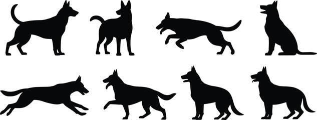 German Shepherd dog silhouette collection, pet animal vector set, black graphic design, loyal canine illustration, breed artwork, pose variety