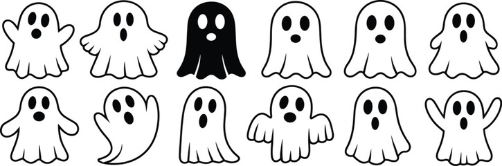 Ghost silhouette vector collection, cute spooky cartoon artwork, Halloween character icon pack, black paranormal illustration design, festive decoration bundle