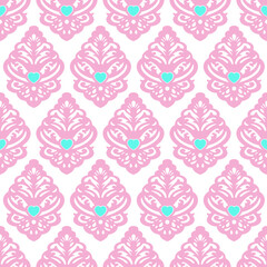 Delicate pink damask seamless pattern with turquoise heart. Bay shower bg. Light baroque rococo texture. Vector illustration for greeting card, textile, fabric, paper, party, wallpaper