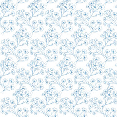 Obraz premium Seamless botanic spring pattern with delicate hand drawn flower element. Natural textile wallpaper fabric motif. Blue and white Minimalist bg, Vector illustration greeting card, backdrop, paper design