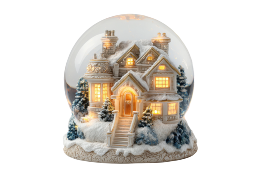 Snowy cottage scene winter wonderland decorative snow globe home. Isolated on transparent background, png.