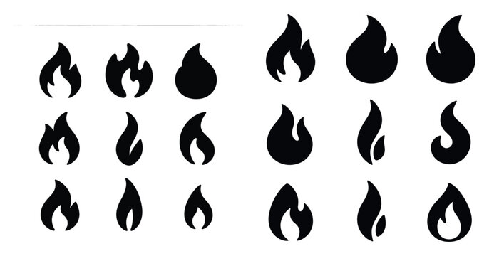 Series of black and white fire icons, including flames and fire shapes. The icons are arranged in a grid, with some overlapping each other. Scene is one of warmth and energy