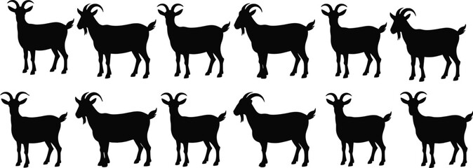 Goat silhouettes vector collection, farm animal pose set, wildlife illustration, black graphic design, livestock clipart, nature themed artwork
