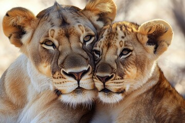 Obraz premium Two African lions displaying affection in Kgalagadi Transfrontier Park, African Lion in the Kgalagadi Transfrontier Park